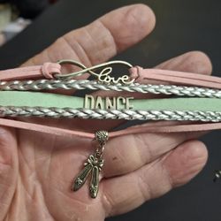 Handmade Infinity Love Dance Bracelet Multi-Layered In Pink & Mint Green Faux Leather W/Charms Love, Dance & Ballerina Shoes 6" W/2" Extension 