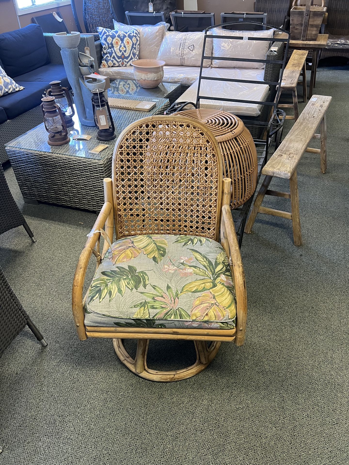 Chair: MCM Bamboo Swivel Chair W/ Rattan Back & Floral Light Green Cushion as-is (wear & tear) SKU XARLJF