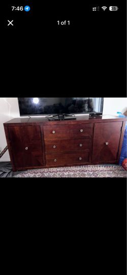 Dark Wood Dresser with Drawers and Cabinets