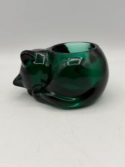Sleeping Cat Tea Lite Indiana Glass Candle Holder Paperweight Dark Green Decor
