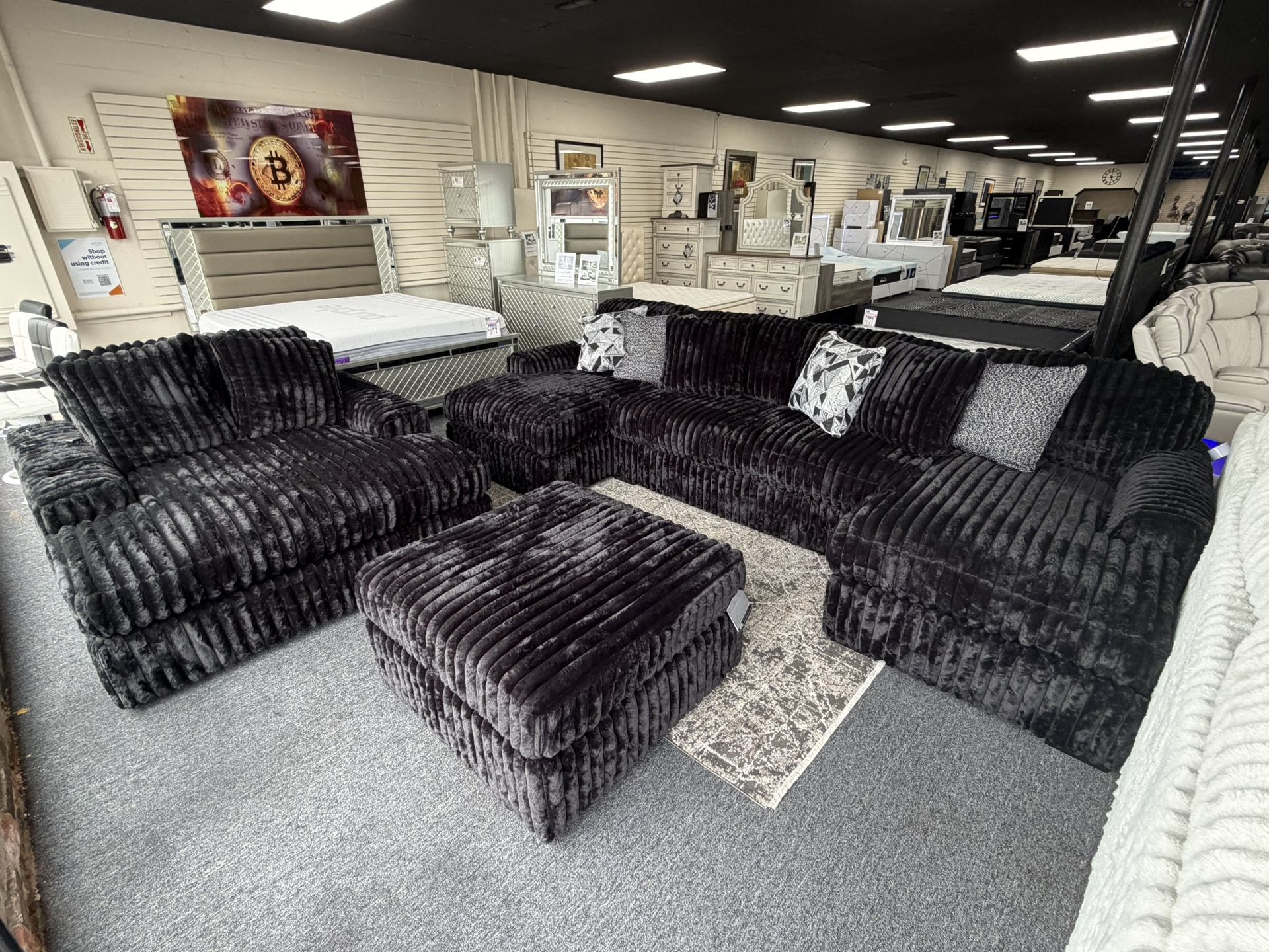 Midnight Sectional U Shape $1599. Ottoman $349. Oversize Chaise $999. Delivery Available
