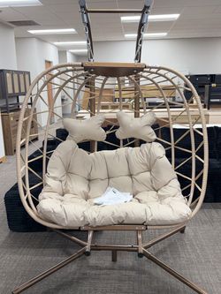Double Swing Egg Chair with Stand, Extra Large 2 Person Indoor Outdoor Wicker Loveseat, Oversized Patio Hanging Basket Chair with Cushions, Cozy Sturd