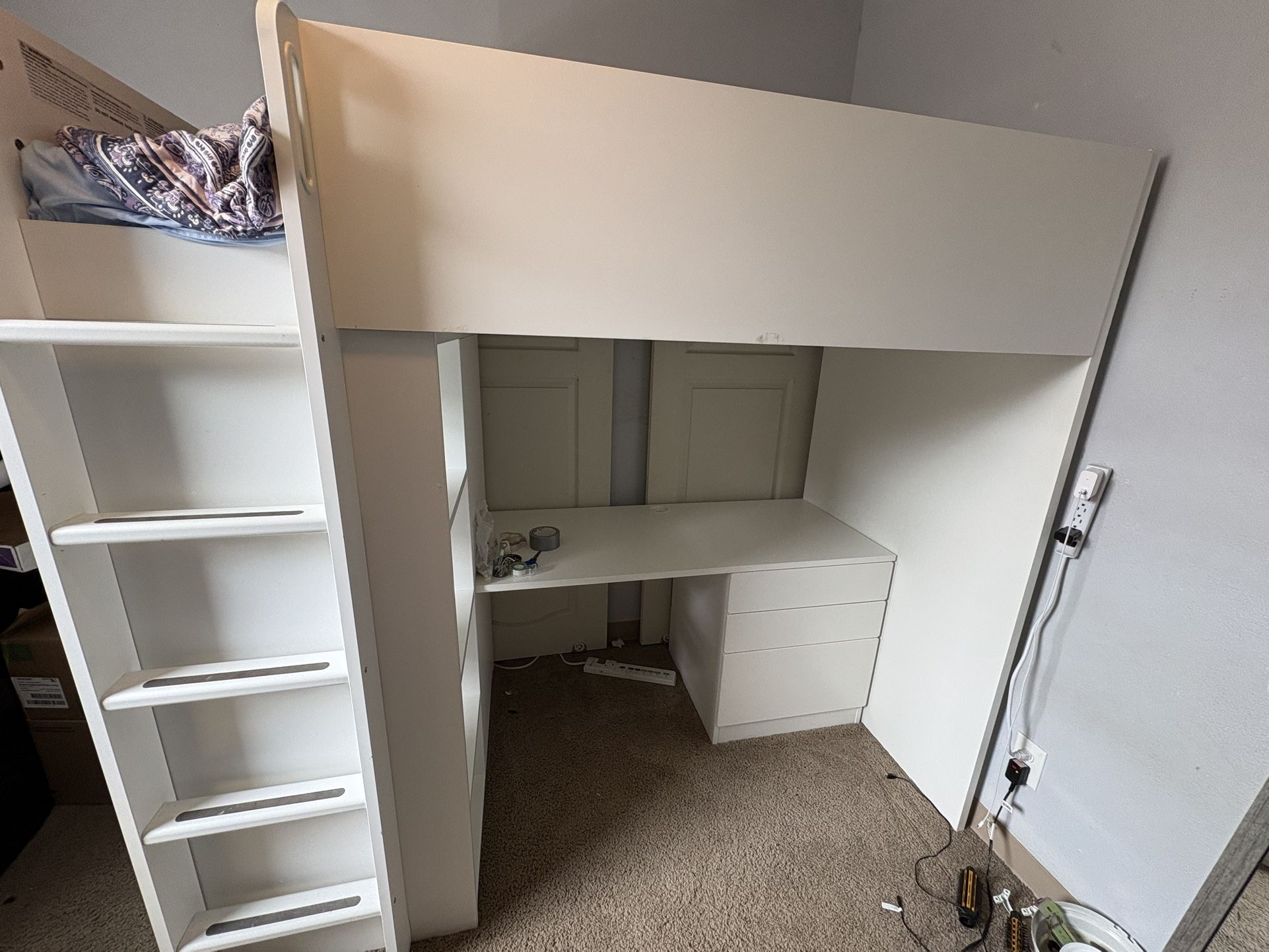 Ikea White Loft Bed with Desk