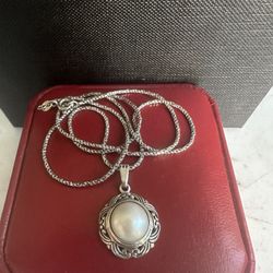 925 Sterling Silver W/ Genuine White Pearl Necklace, 18in 925 Snake Chain, Diamond Cut,  See Photos All Marked And Tested ! 