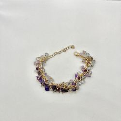 Amethyst and Crystal Beads Gold Chain Bracelet