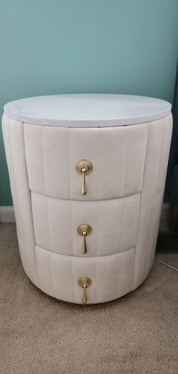 Beautiful 1 white velvet nightstand with stone top. (MUST SELL TODAY)