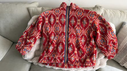 Women’s Red Patterned Fleece Zip-Up Jacket Size M