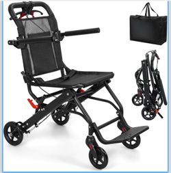 Lightweight 13lbs Foldable Transport Wheelchair for Adults & Seniors, Portable Wheelchair with Travel Bag & Locking Brakes, Folding Wheelchairs for Ad