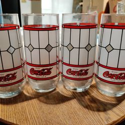 4 Vintage Tiffany Style Frosted Glass Coca Cola Drinking Glasses 