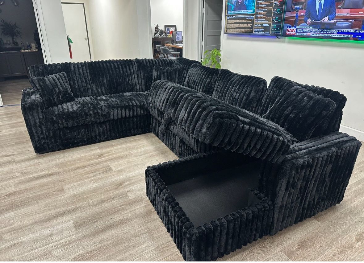 NEW IN  BOX - Black Sectional With Accent Pillows and STORAGE CHAISE** Finance Available $54 down