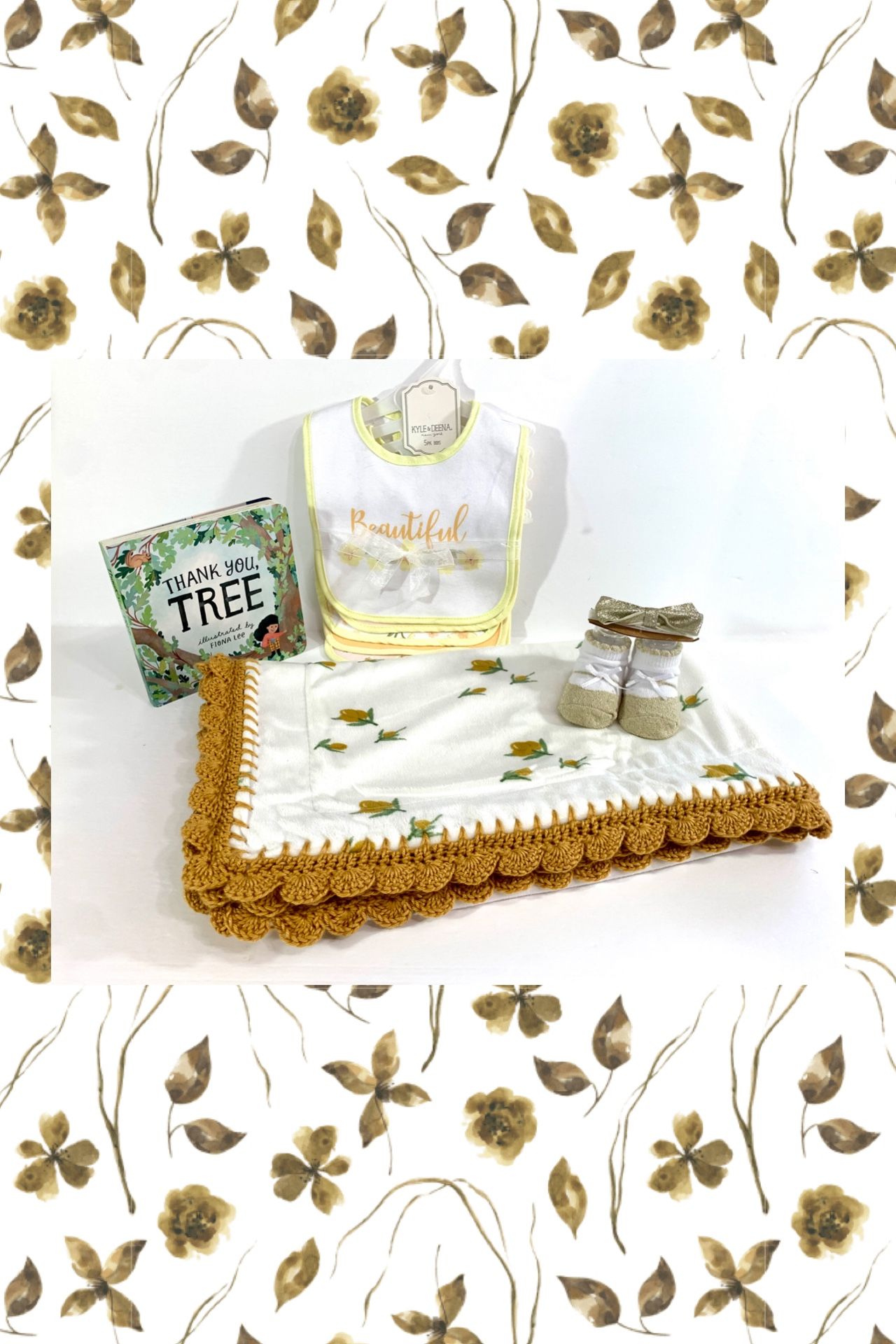 Olive Floral Double-sided Minky Crochet Baby Blanket Gift Set