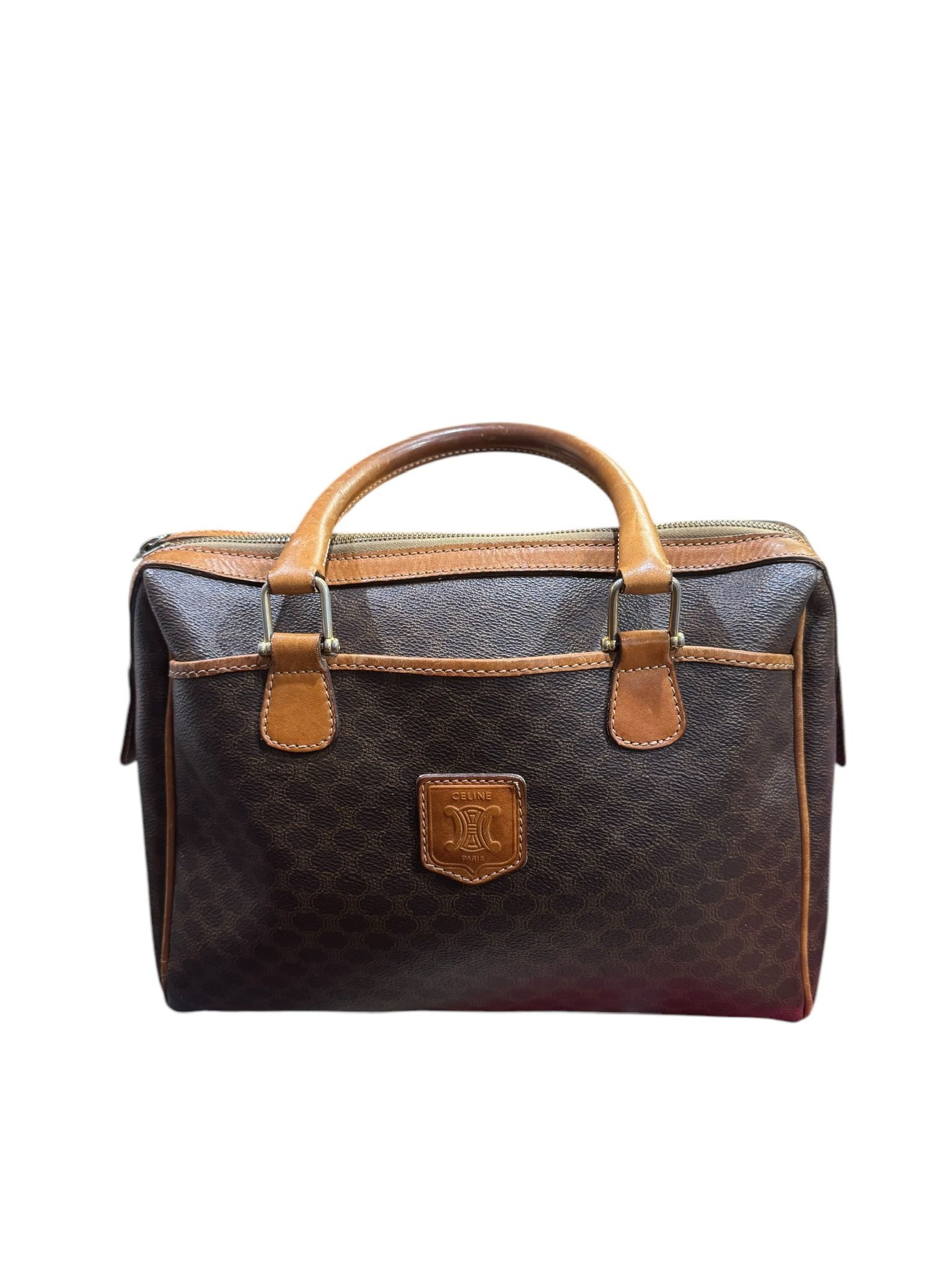 Vintage Celine Macadam Boston Bag Brown Coated Canvas Leather Satche