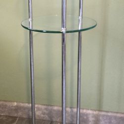FREE Gently-used three-tier tempered glass & polished chrome pedestal stand.
