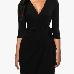 Berydress Women's Classic 3/4 Sleeve V Neck Sheath Casual Party Work Faux Black Wrap Dress