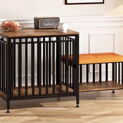 Furniture Style Dog Crate With Entryway Shoe Bench, Indoor Pet Kennel With Wooden Top And Storage Design For Small And Medium Dogs