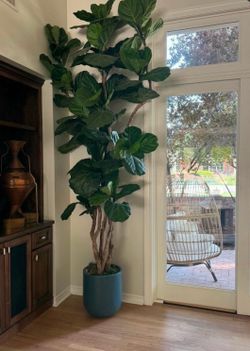 10 foot tall luxury faux plant in slate blue ceramic planter