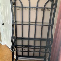 Wrought Iron Bakers Rack  With 2 Glass Shelves And Wine Glass Rack
