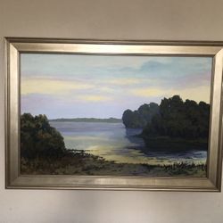 Art Hand Painted Lake View Oil On Board With Beautiful Frame Beaux art Frame 45 x 31