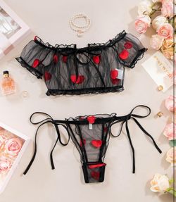 SMALL Sexy Stretch Ruffle Tie Sheer Mesh Lingerie HEART Set Outfits