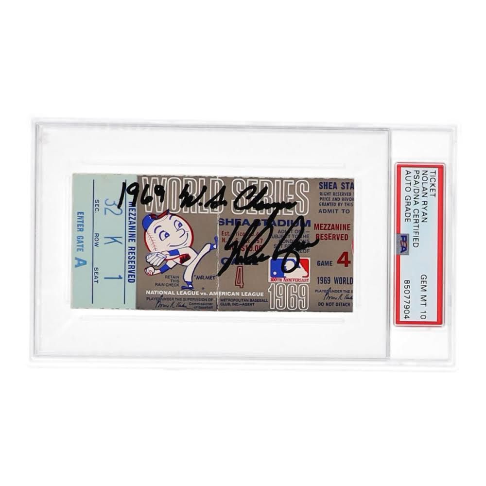Nolan Ryan Signed REAL 1969 World Series Game Ticket Inscr "1969 WS Champs" (PSA 10)