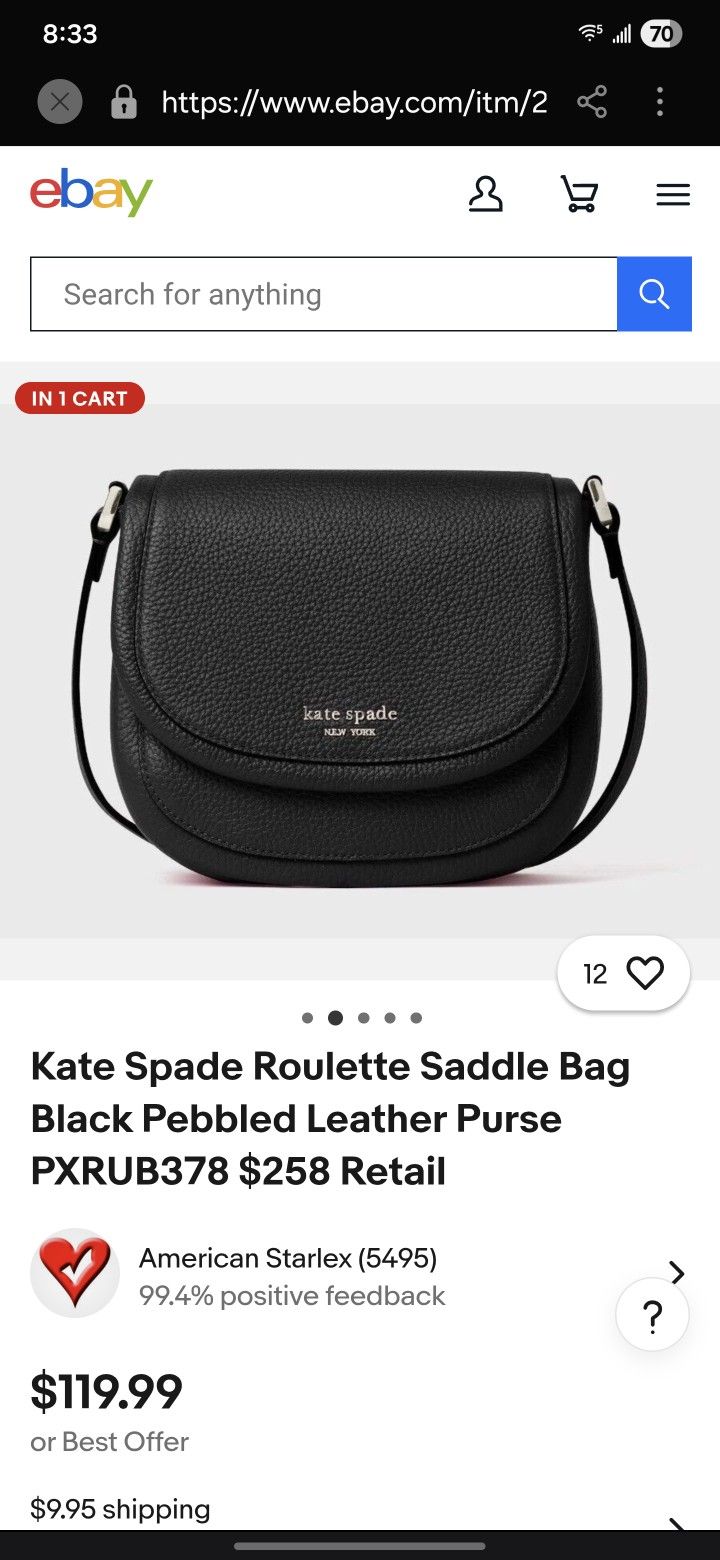 Kate Spade Roulette Saddle Bag Black Pebbled Leather Purse