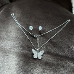 Silver butterfly necklace and earrings set 