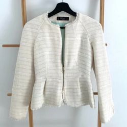 Zara Jackets & Coats Cream Tweed Zip Peplum Blazer