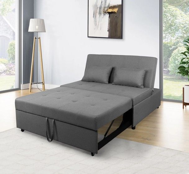 Grey 2-Seat Adjustable Couch Sofa Bed Linen Fabric