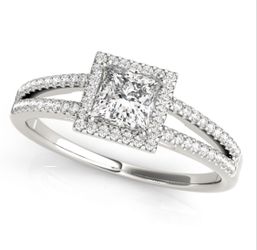 14K White Gold Halo Style Engagement Ring with 1 1/5 ct tw Square & Cushion Diamonds SI1-SI2 G-H. "Available in White, Yellow and Rose Gold".