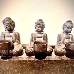 Three candles holder L13xH9xD3.5 inch Lbs 3.1; Buddhist themed 3; Quality solid composite resin sculpture in excellent like new condition; Item# 275GR