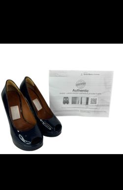 Lanvin Navy Patent Leather Peep-Toe Platform Pumps Size US 8/EU 39