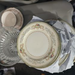 Antique China Plates And Cups And French Crystal Bowl