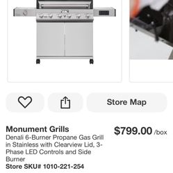 Monument Grills Denali 6-Burner Propane Gas Grill in Stainless with Clearview Lid, 3-Phase LED Controls and Side Burner Store SKU# 1010-221-254