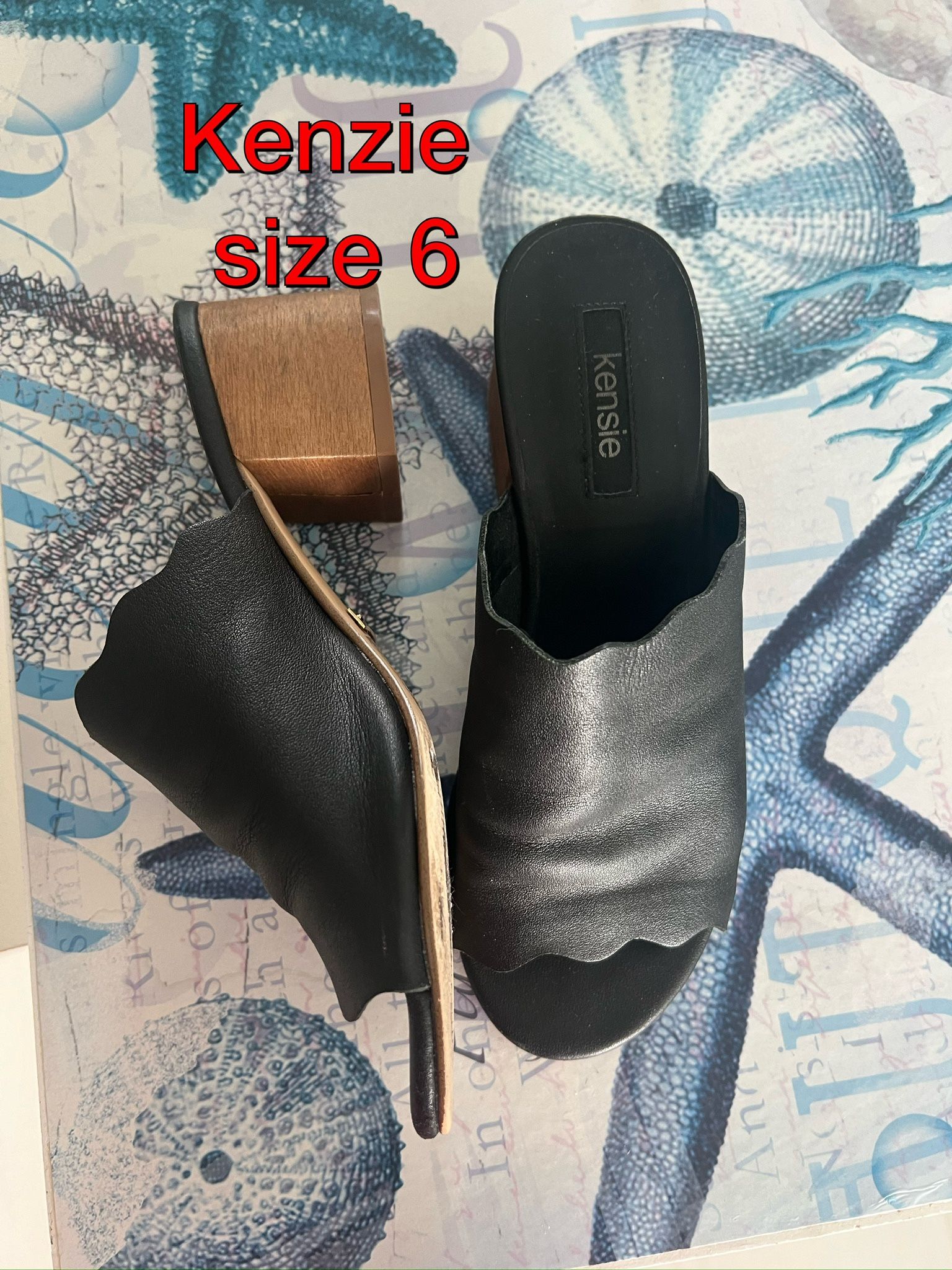 Kenzie Size 6 Black Leather Scalloped, Wood Heel Sandals, Perfect Condition