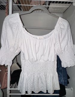 White Eyelet Smocked Puff Sleeve Top
