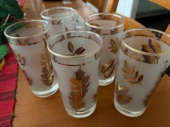 Vintage Frosted Gold Leaf Drinking Glasses Set of 5