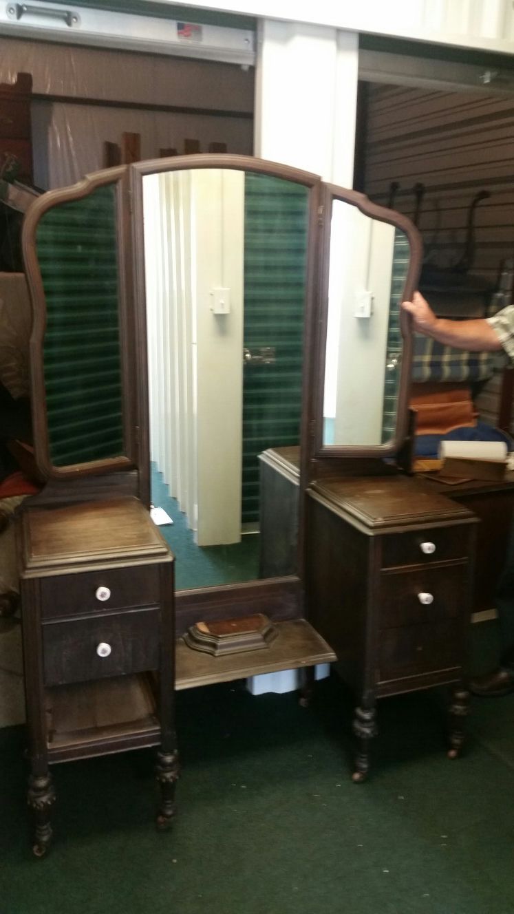 Antique vanity tri-fold mirror drop well Dresser
