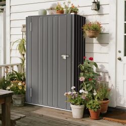 New 22 Cuft Outdoor Storage Cabinet, Metal Storage Shed with Lockable Door, Indoor O  New in box ps25 0814a s0 The storage shed is constructed with a 