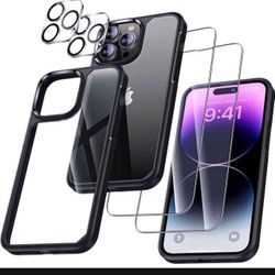 5 in 1 Design for iPhone 14 Pro Max 6.7 inch Case, 2 Pack Screen Protector Tempered Glass + 2 Pack Camera Lens Protector, [Non-Yellowing] Shockproof U