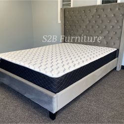 Queen Size Grey Wingback Tufted Bed With Orthopedic Mattress