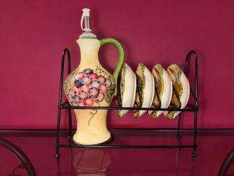 Tuscan Fruit Ceramic Set: Oil Dispenser & Plates with Display Rack