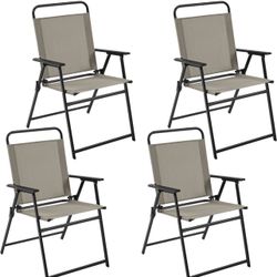 Outdoor Patio Chairs Set of 4, Folding Patio Chairs with Metal Frame, Armrests, Portable Dining Chairs for Camping, Lawn, Garden and Porch, Brown