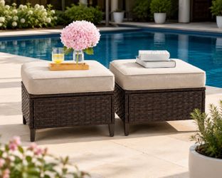 All Weather Outdoor Rattan Patio Ottoman, Beige (Set of 2)