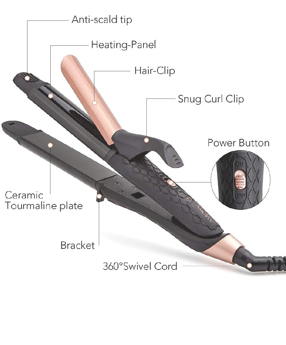 AMOVEE 2 in 1 Mini Flat Iron Curling Iron, Dual Voltage