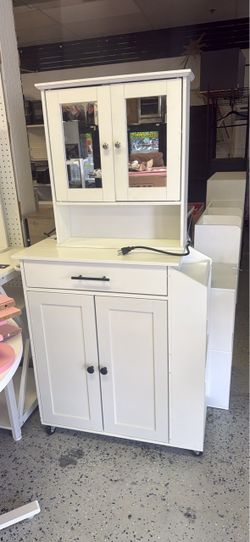 White Kitchen Microwave Cart with Cabinet