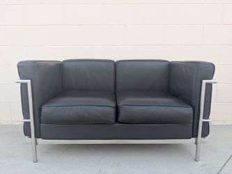Black Leather Loveseat with Chrome Frame