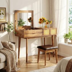 Anja 43.3" Makeup Vanity Set with Flip-Top Mirror and Rattan Door Storage