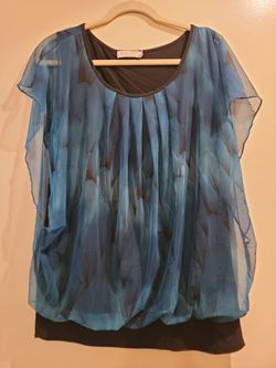 Blue Sheer Overlay Blouse Top XL