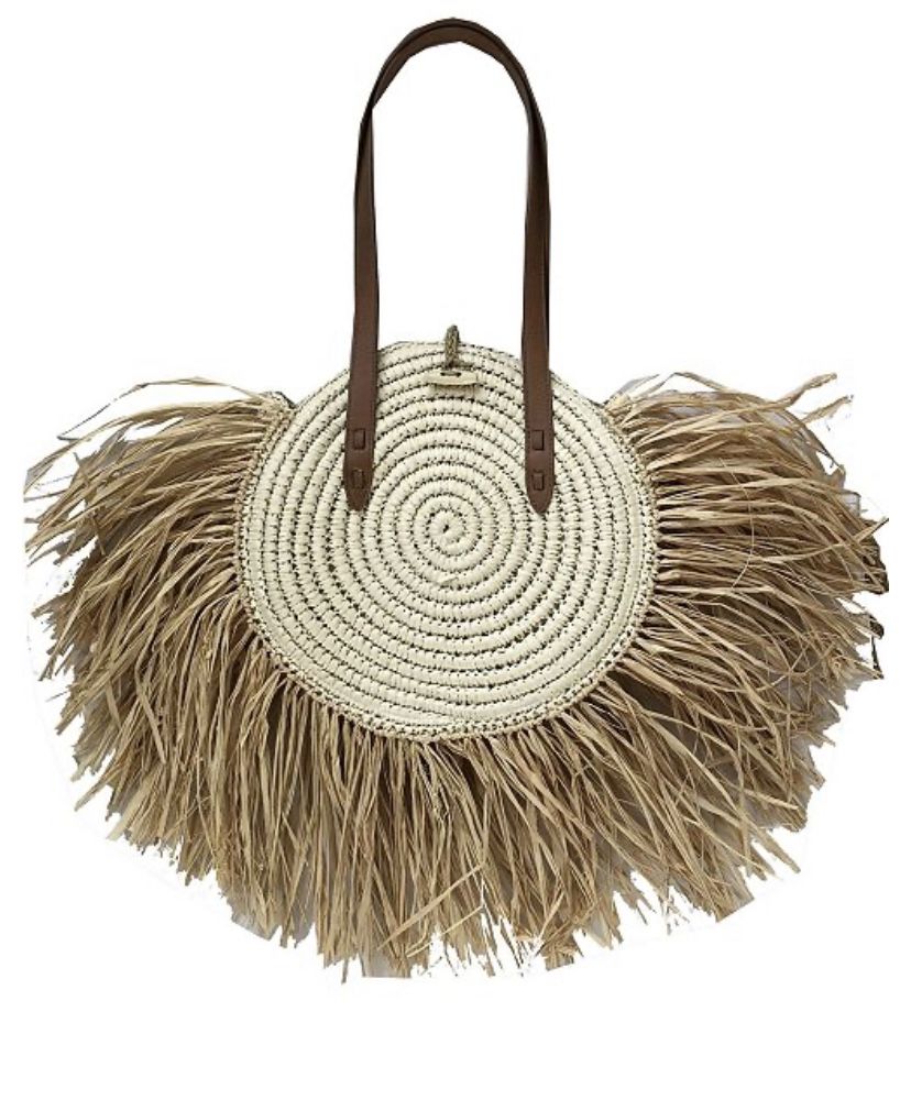 INC Melania Straw Fringe Circle Tote, Created for Macy's
