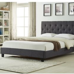 Brand New In Box Full Size Dark  Grey Linen Upholstered Bed With Mattress. Assembly Required, We Can Deliver, Cama Con Colchon.